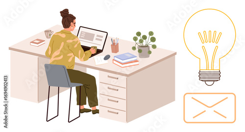Woman typing on laptop at desk with books, plant, coffee. Adjacent lightbulb and envelope highlight creativity, innovation, and communication. Ideal for productivity, learning, business creativity