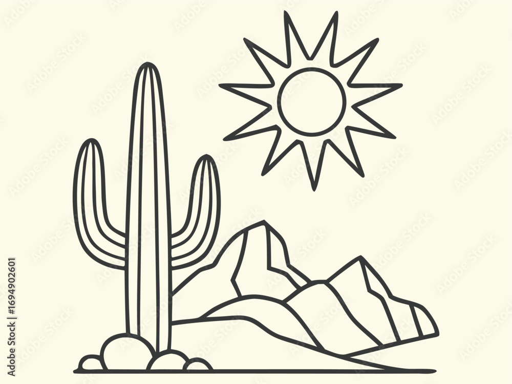 Naklejka premium MobilDesert Landscape Line Art Vector – Cactus, Sun, and Mountain Illustration in Minimal Outline Style – Perfect for Nature, Travel, Western, or Boho Graphic and Logo Design Projects.