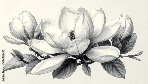 Detailed grayscale magnolia blossoms