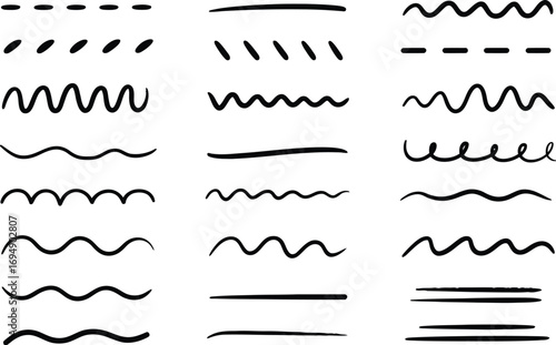 Set of hand drawn abstract wavy and straight lines on white background