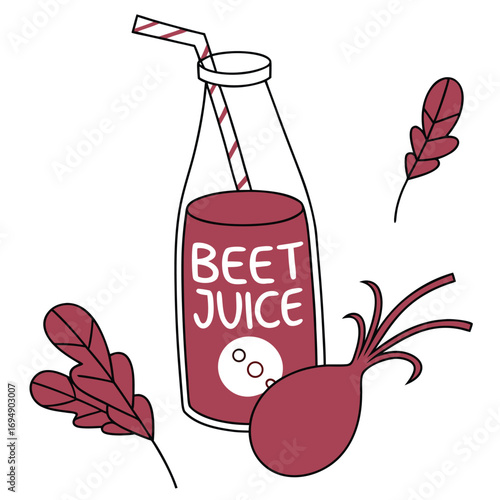 Hand Drawn Beet Juice Bottle with Straw, Beetroot and Leaves on White Background vegetable drink