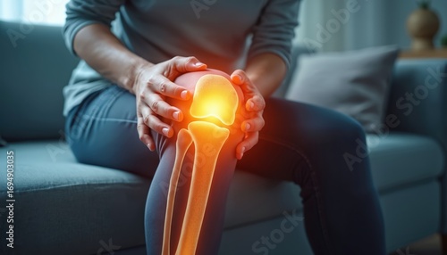 Person feels sharp knee pain, joint problem. Arthritis and tendon issues visualized with glowing orange joint area. Focus on pain point, need for medical attention, recovery, and therapy.