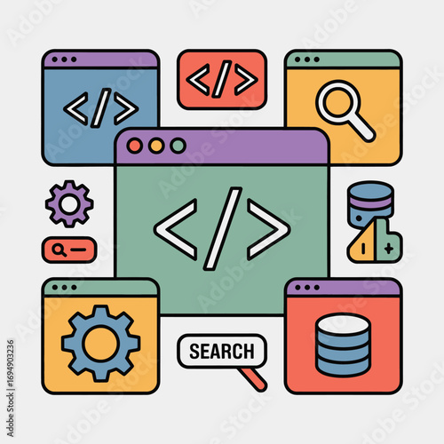 Colorful illustration of software development icons including code search database and settings representing web development and programming concepts for developers and designers