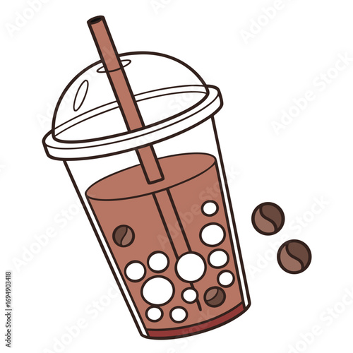 Cartoon Boba Tea Cup with Straw and Tapioca Pearls on White Background bubble tea milk tea
