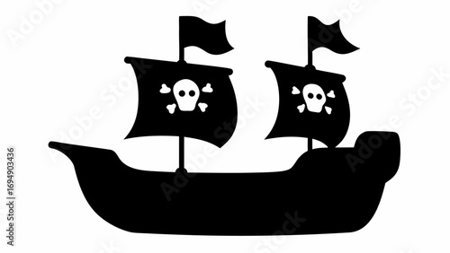 Silhouette of a pirate ship with two masts and sails displaying skull and crossbones on a white background