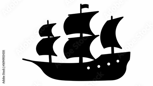 Silhouette of a sailing ship with three masts and sails against a white background in a simple style