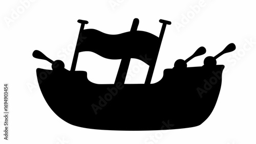 Silhouette of a small ship with a single sail and two oars visible against a white background view simple