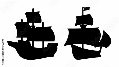 Two silhouette ships with sails and masts against a white background in a simple graphic illustration