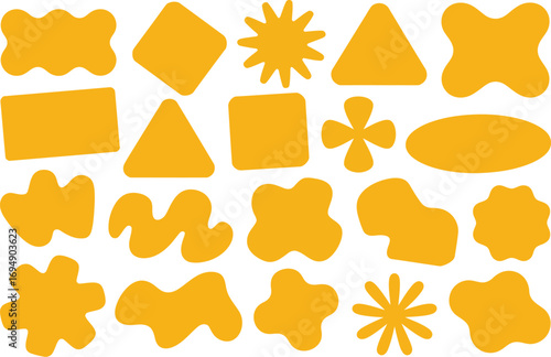 A collection of vibrant yellow abstract shapes and geometric forms scattered on a white background.