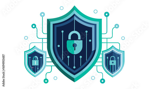 Digital shield with padlock symbolizing cybersecurity data protection and network security against cyber threats and online privacy concerns