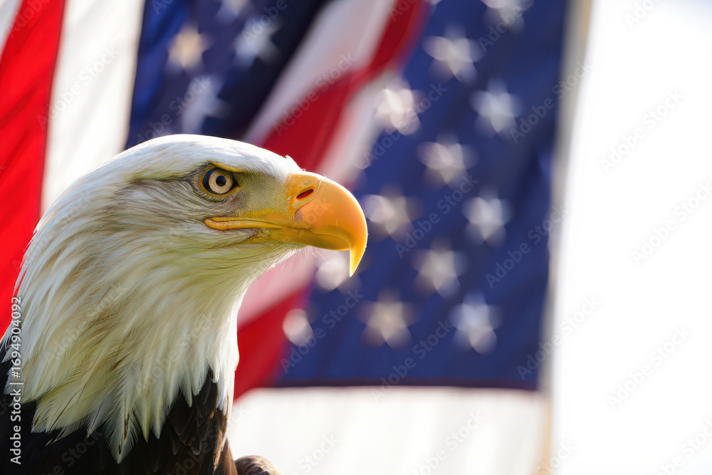 Naklejka premium Majestic bald eagle portrait against american flag background