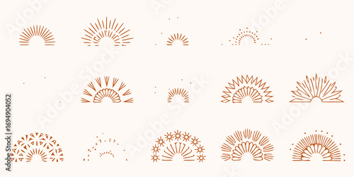 Collection of minimalist abstract sunburst and fan shapes in a warm terracotta color palette