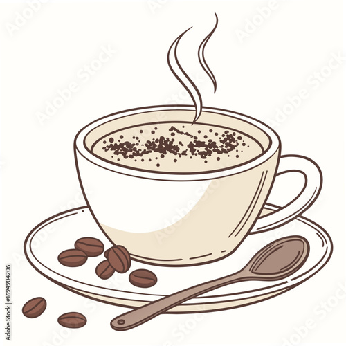 Hand Drawn Steaming Coffee Cup With Spoon And Coffee Beans On Saucer vector illustration