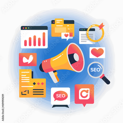 Digital marketing strategy with seo optimization and social media engagement represented by icons including a megaphone charts graphs and social media symbols for online promotion