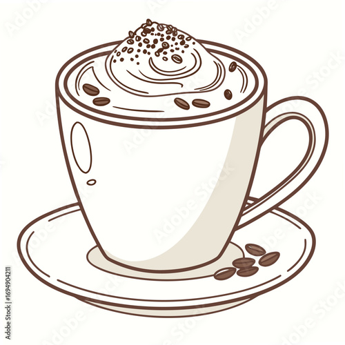 Hand Drawn Coffee Cup With Whipped Cream And Coffee Beans On Saucer vector illustration