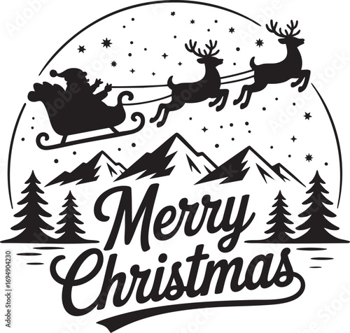 A black and white graphic design featuring Santa's sleigh pulled by reindeer flying over a snowy mountain range.