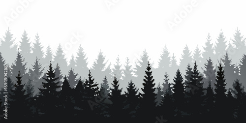 Layered silhouette of evergreen pine trees in varying shades of grey against a white background