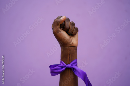 Raised fist with purple ribbon symbolizing women s rights and empowerment