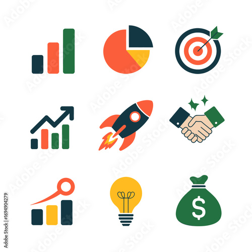 Business growth icons showcase financial success including charts target rocket handshake and money bag representing investment strategy and achievement for startups and ventures