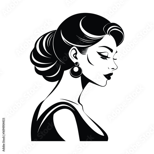 Elegant black and white silhouette of a sophisticated woman with an updo hairstyle and dramatic eye makeup in profile view