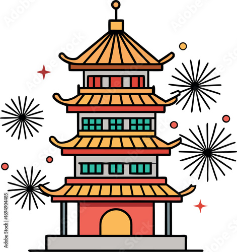 Vibrant Pagoda Tower Celebration with Festive Fireworks Display
