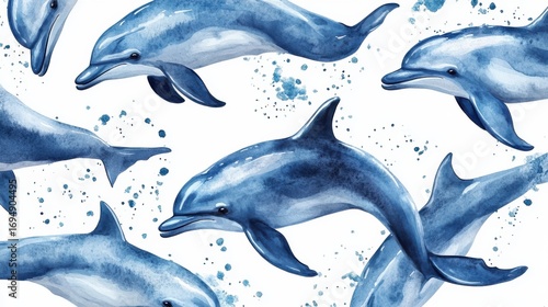 dolphins seamless pattern, watercolor illustration, white background