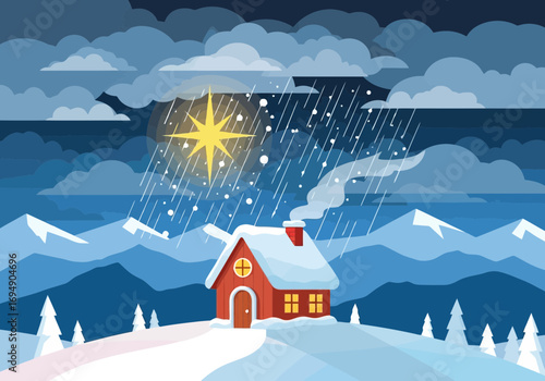 Vector art of a cozy, snowcovered cabin nestled in a winter landscape under a starry sky with falling snow and dramatic clouds