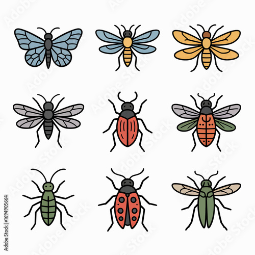 Collection of colorful insect illustrations featuring butterflies beetles and other bugs with detailed wings and bodies perfect for educational materials and naturethemed designs