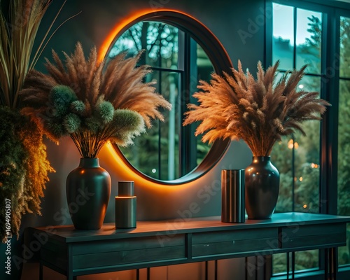 Modern entryway with a circular illuminated mirror and decorative vases