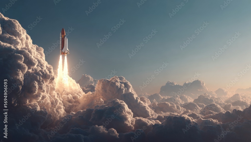 Obraz premium Rocket launching through clouds at sunrise