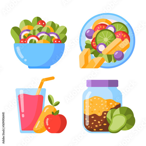 Colorful and vibrant flat vector illustration showcasing healthy food options including salads juice and dressing perfect for promoting wellness nutrition and balanced diets for a healthy lifestyle