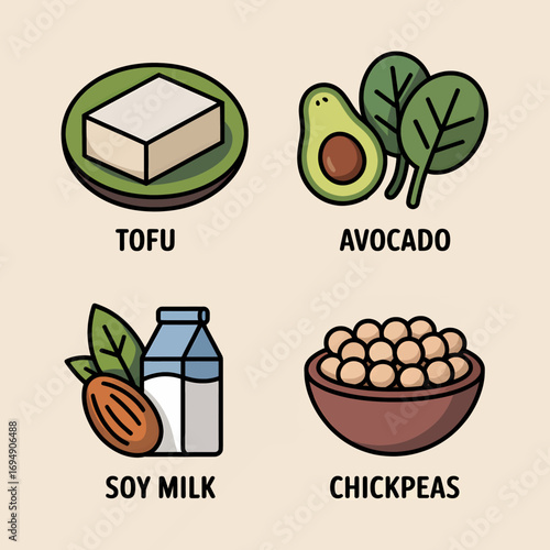 Tofu avocado soy milk and chickpeas are displayed in a colorful illustration showcasing healthy vegan protein sources and plantbased nutrition for a balanced diet and lifestyle choices