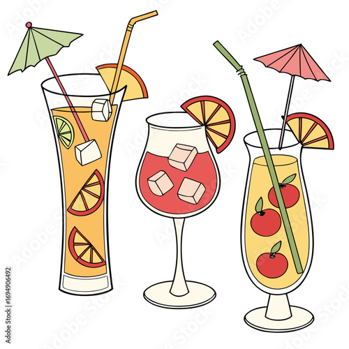 Three Tropical Cocktails with Fruit, Ice, and Umbrellas tropical drinks summer