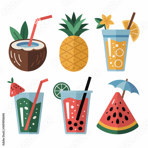 Colorful summer drinks and tropical fruits including coconut pineapple watermelon and various juice beverages with straws and garnishes on a clean perfect for summer themes