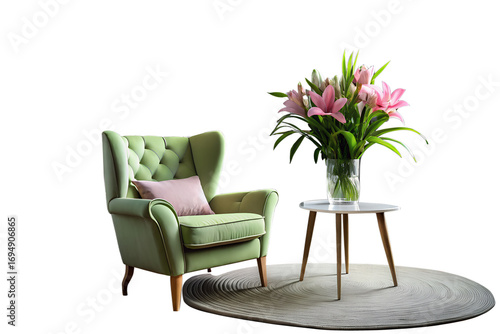Elegant green armchair with floral arrangement isolated on white background