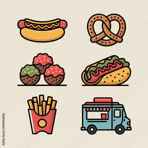 Colorful food icons featuring hotdogs pretzels cupcakes french fries and a food truck against a light background perfect for menus websites and promotional materials for food businesses