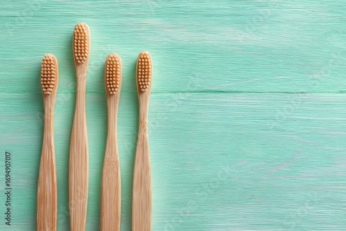 Four bamboo toothbrushes arranged vertically on a mint green wooden surface