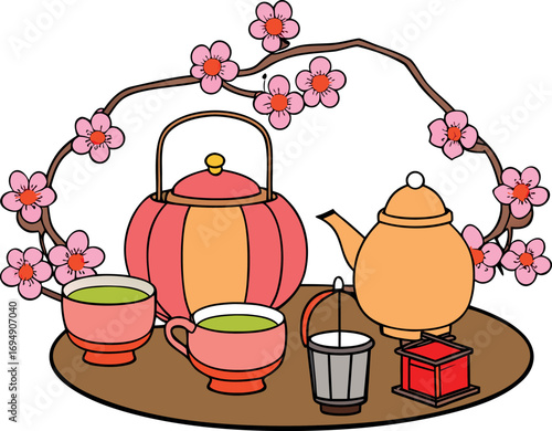 Traditional Japanese Tea Ceremony with Cherry Blossoms and Festive Decorations