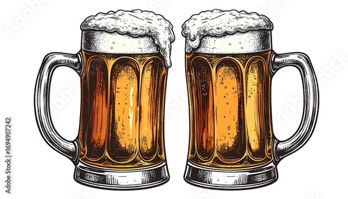 Two detailed illustrations of beer mugs filled with frothy, amber beer, showcasing intricate hand-drawn style.