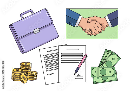 Vector art of business deal concept with handshake, briefcase, contract, money, and coins, symbolizing partnership and financial success