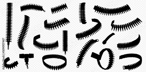 A collection of black silhouettes depicting various shapes and lengths of ammunition belts and bullet chains on a transparent background.