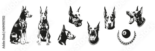 Trendy grunge clip art in retro stipple photocopy style. Doberman dogs, chains and 8 ball graphic elements set perfect for posters, street wear, t-shirt print, edgy design. Modern vector illustration