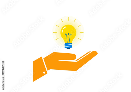 Vector art of an orange hand holding a glowing light bulb symbolizing a bright idea, innovation, or inspiration