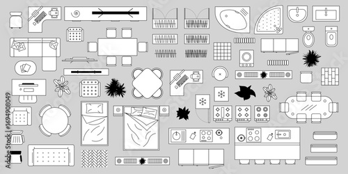 Collection of minimalist furniture outline icons in black and white, ideal for interior design layouts and architectural plans. Furniture outline top view