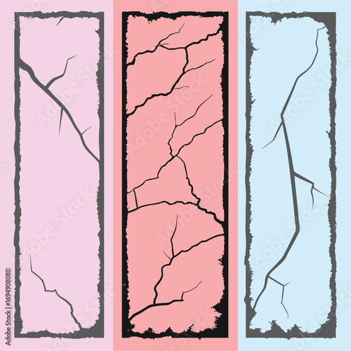 Set of cracked texture vertical panels in pink, red, and blue backgrounds. Perfect for grunge, distressed, vintage, or weathered design projects. Ideal for adding rough, aged, or broken surface effect