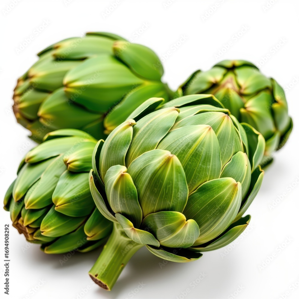 Obraz premium Fresh artichokes, vibrant green, isolated on white. Perfect for culinary or healthy lifestyle concepts, nature, vegan, macro