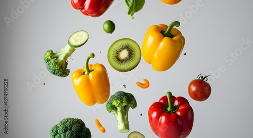 A close-up shot of fresh, vibrant natural ingredients like colorful fruits and vegetables being gently tossed in slow motion