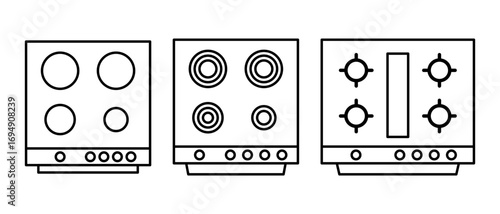 Set of kitchen stoves with burners, knobs, and cooking surfaces in outline style, perfect for culinary projects and appliance design.