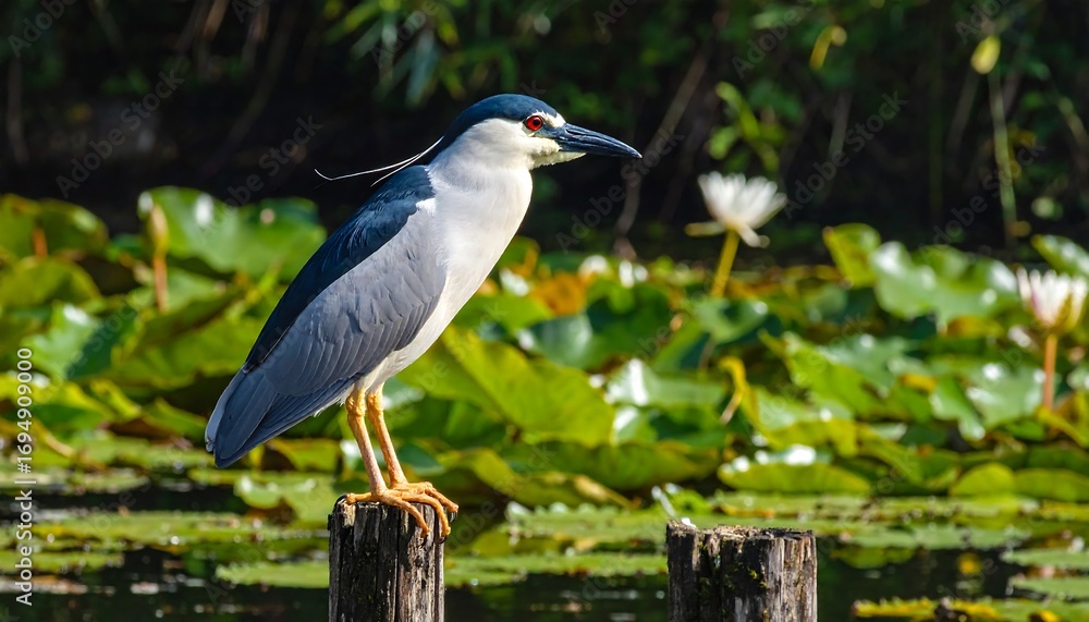 Naklejka premium A black-crowned night heron perches gracefully on a weathered wooden post amidst a tranquil pond, surrounded by lush lily pads and vibrant greenery.