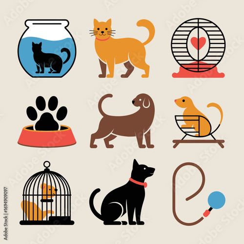 Colorful graphic illustration showcasing various pets and pet accessories including a cat dogs hamster wheel fishbowl pet carrier food bowl cage and a dog toy on a light background
